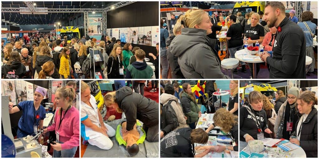 Alt tekst: Gezellige zorgbeurs met demonstraties en voorlichting over eerste hulp en gezondheidszorg.
